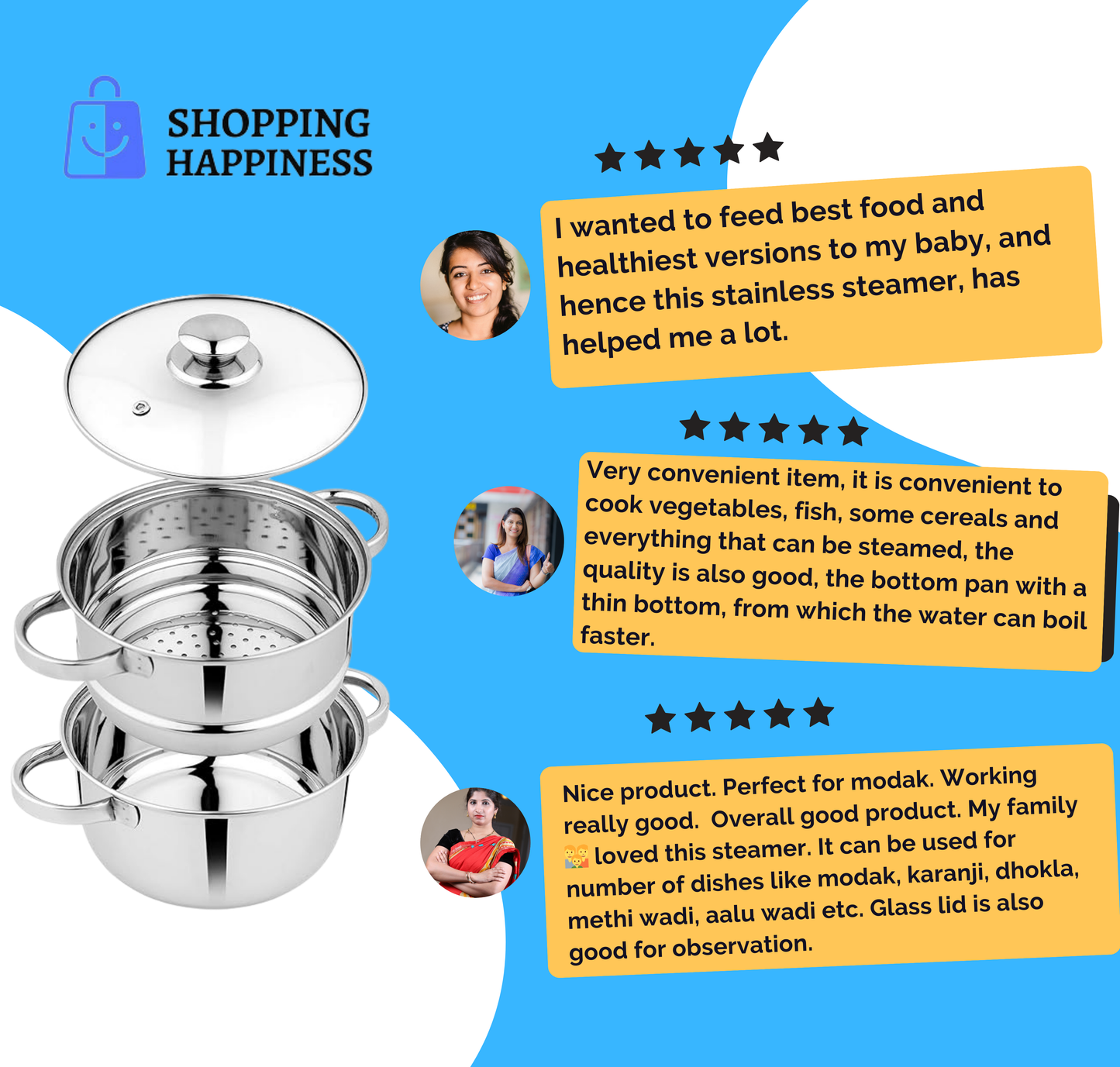 Shopping Happiness Stainless Steel Steamer- 2 Tier & 3 Tier Both Available (304 Food Grade Steel) Highest Quality